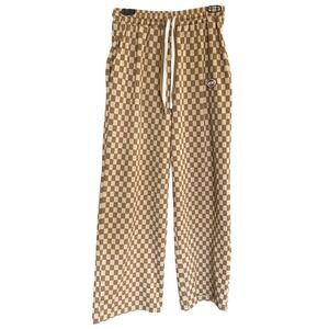 Checkerboard Pants Tan Elastic Waist Drawstring Rebel Lounge Gingham Streetwear